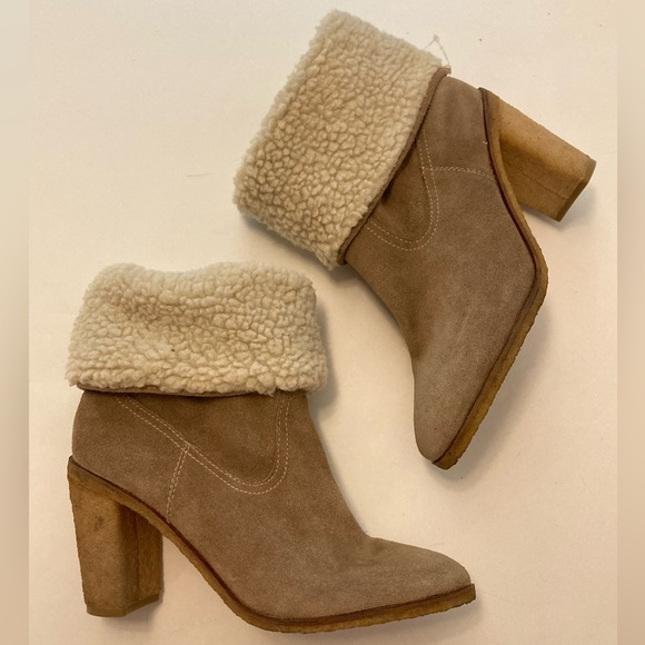 Joe Fresh Leather Suede Bootie Brown Foldable Sherpa Chunky Block Heel Boots - 9 - Picture 6 of 13